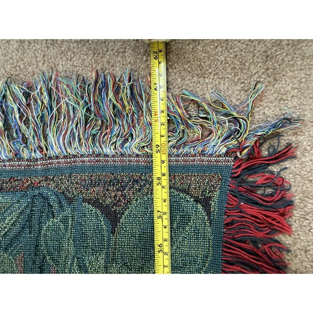 Lady Bug Butterfly Boho Vtg Woven Blanket Throw fringe Red Green 58.5